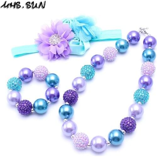 MSH.SUN Wholesale Kids beads jewerly set Purple & Blue flower headbands Chunky bubblegum Necklace Bracelets DIY Set Baby BN132