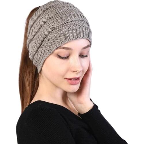 Autumn winter Ponytail Beanie hat Women Stretch Knitted Crochet Beanies cap Winter Hats Cap For Women Warm Lady