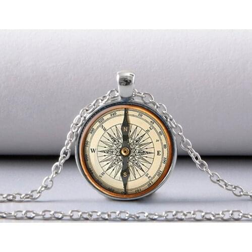 Handmade Compass Picture Glass Dome Cabochon Pendant Necklaces For Men Women Vintage Jewelry Accessories