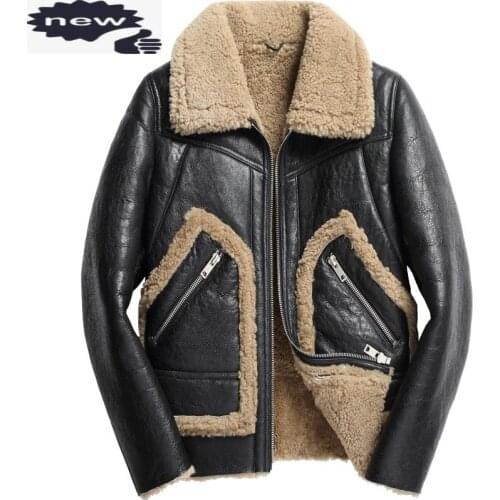 Fashion Mens Pilot Genuine Leather Aviator 6XL Lamb Wool Winter Real Fur Lining Military Coat Slim Biker Shearling Jacket