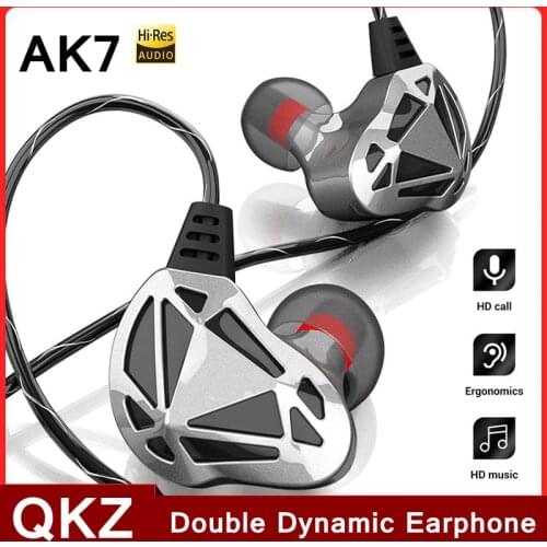 QKZ AK7 3.5mm Wired Earphone Double Dynamic Headphones HiFi Music Bass Stereo Earbuds Musician Monitor Headset Sport Running