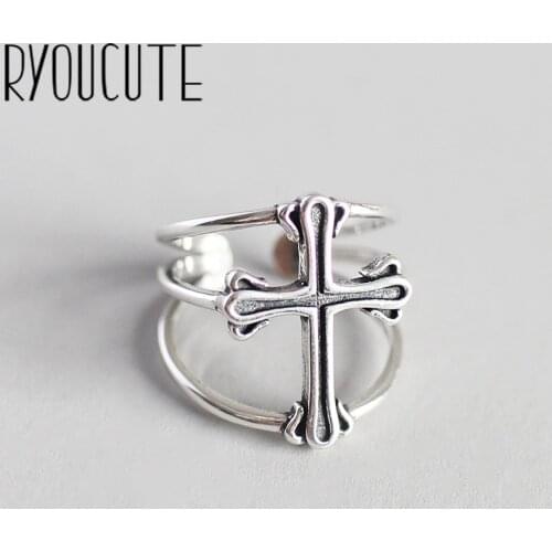 RYOUCUTE Real Pure Silver Color Jewelry Retro Punk Large Cross Rings for Women Wedding Finger Open Ring Anillos Anelli