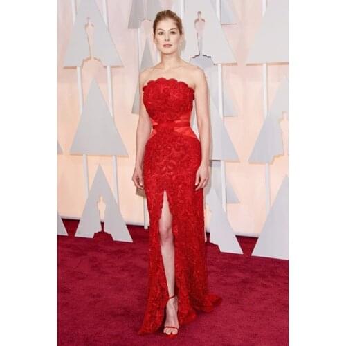 Sexy Strapless Lace Mermaid High Split Floor Length Prom Gown for Wedding Party Custom Made