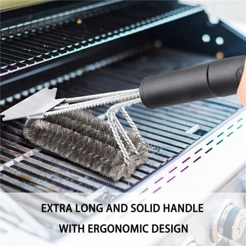 3-in-1 BBQ Grill Clean Brush Scraper Long Handle Stainless Steel Barbeque Grill Wire Brush