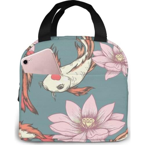Koi Carps And Lotuses Lunch Bag Portable Insulated Thermal Cooler Bento Lunch Box Tote Picnic Storage Bag Pouch
