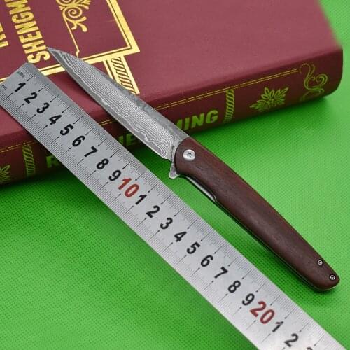 Outdoor EDC Tool Pocket Folding Knife Wooden Handle Damascus Blade Foldable Camping Survival Knife Fruit Kitchen Utility Knife