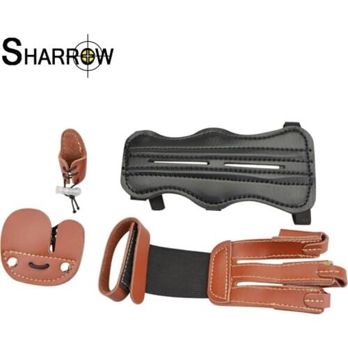1set Archery Arm Guard Finger Protective Gear Cowhide Protection Glove for Bow And Arrow Outdoor Hunting Shooting Accessories