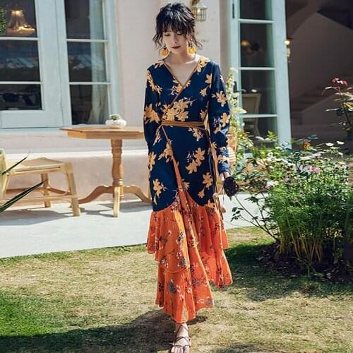 Womens Clothing 2021 Bohemian Dress Long Sleeve Ethnic Style Dress Woman Dresses Spring Autumn Long Beach Skirt Tye Dye Dresses