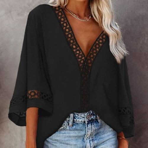 Women Shirt Hollow Out Bell Sleeve V-Neck Solid Color Ladies Top 2021 New Summer Outdoor Short Casual Comfy Female Outfits