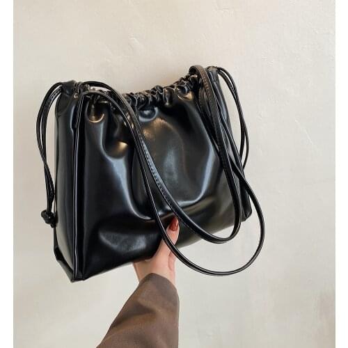 Women Fashion PU Leather Shoulder Bag Drawstring Solid Color Bucket Underarm Bag Drawstring Retro Bucket Handbags