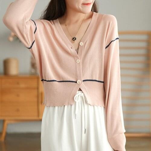 QPFJQD Ladies Tencel Linen Cardigan Tops V-Neck Long Sleeve Casual Clothing Women Korean Style Cardigan Sweater Spring Autumn