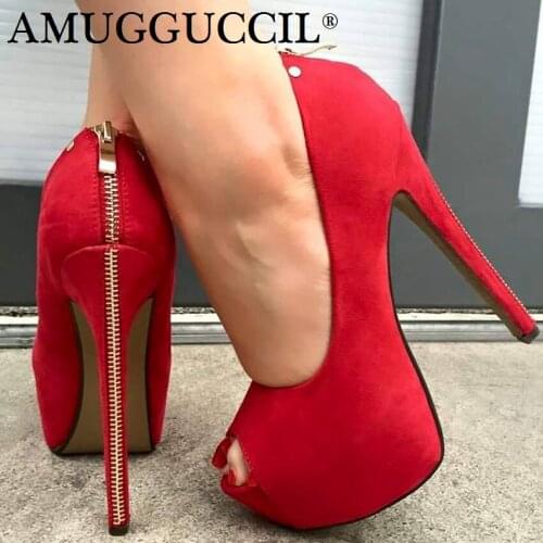 2020 New Plus Big Size 35-52 Black Red Zip Fashion Sexy High Heel Platform Party Spring Summer Lady Shoes Women Pumps D1227