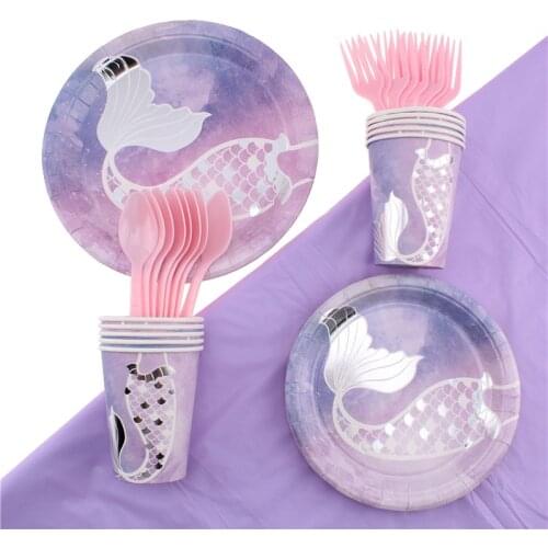 51pcs/set Mermaid Theme Party Tableware Baby Shower Birthday Decoration Party Napkins Plates Disposable Tableware Party Supplies