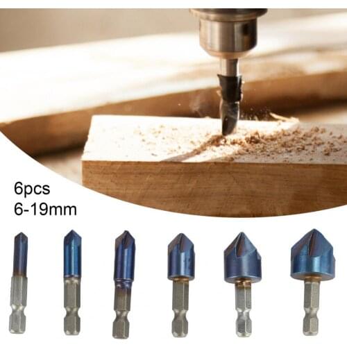 6Pcs 6-19mm Chamfer Drill Bits End Mills Five Cutting Edges Titanium Plating Chamfering Milling Cutter Kit for Wood Board