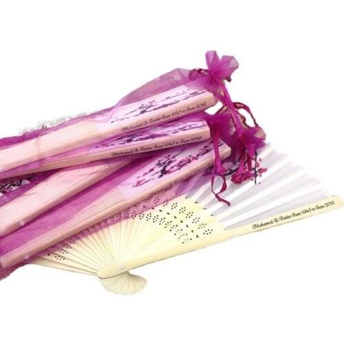 130PCS Personalized Sakura Fan in Organza Bag Custom Printing Wedding Couples Name and Date Hand Foldable Fan with Yarn Bags