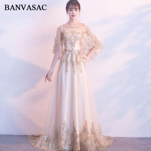 BANVASAC Crystal O Neck Sequined Appliques A Line Long Evening Dresses Party Metal Sash Sweep Train Backless Prom Gowns