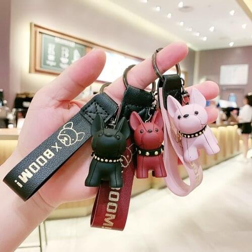 2021 Fashion French Bulldog Keychain Puppy Car Keyring PU Leather Punk Bulldog Key Chains Cute Dog PVC Pendant Bag Charm Trinket