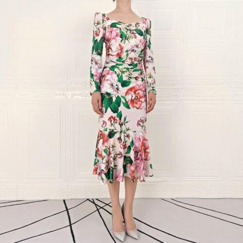 Designer Fashion Sexy Print Mermaid Midi Dress Runway High Quality Autumn New WomenS Party Casual Outing Vintage Elegant Chic