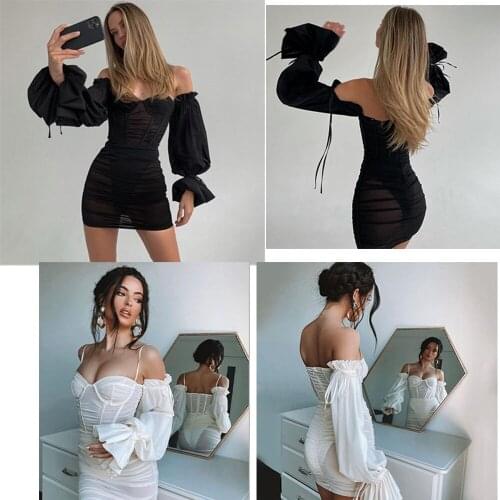 JIASHIYU 2021 Elegant Mesh Sexy dresses long sleeve Double Layer Bodycon short Robe autumn and winter Party Vestidos Streetwear