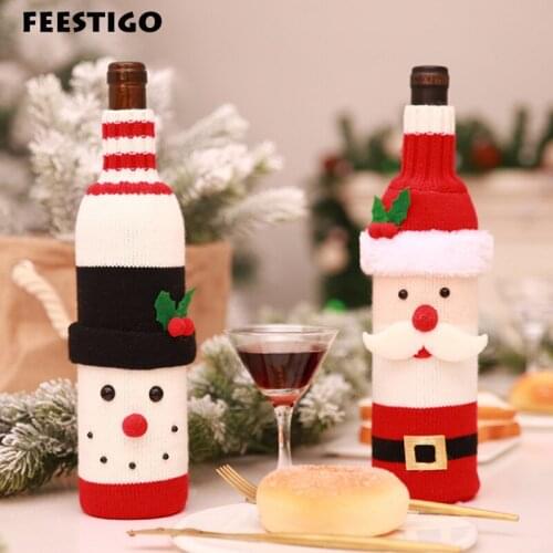 FEESTIGO 2PCS Christmas Red Wine Bottle Cover Happy New Year Products for Home Christmas Gift Holders Dinner Table Decoration