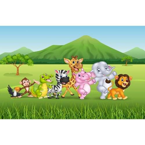 Cartoon animals play lion, deer, monkey, child take birthday take newborn baby take photo studio photo background