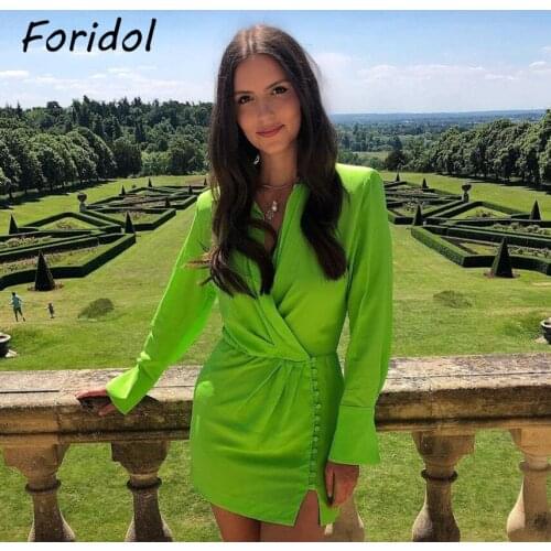 Foridol Long Sleeve Satin Dress Women Autumn Winter Green Party Short Dress Button V Neck Silk Vestidos De Fiesta Robe 2021