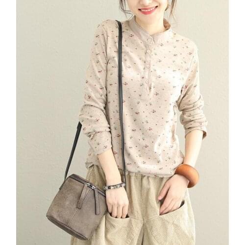 Casual Tshirts Female Tees Plus Size 95% Cotton Tshirt Women Long Sleeve Stand Collar Print Tops Spring Autumn All-Matched