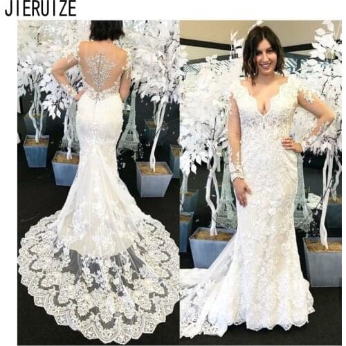 JIERUIZE Sexy Long Sleeves Wedding Dresses V Neck Illusion Back Lace Appliques Mermaid Bridal Dresses vestido de novia Customize