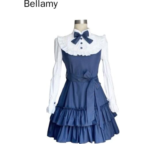 Dark Blue Cotton Stand Collar Long Sleeves Ruffles Bow Classic Lolita Dress
