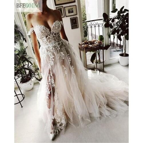 Ivory Lace Tulle Off The Shoulder Sweetheart Floor -Length A-Line Wedding Dresses Chapel Train Bridal Gowns Custom Made