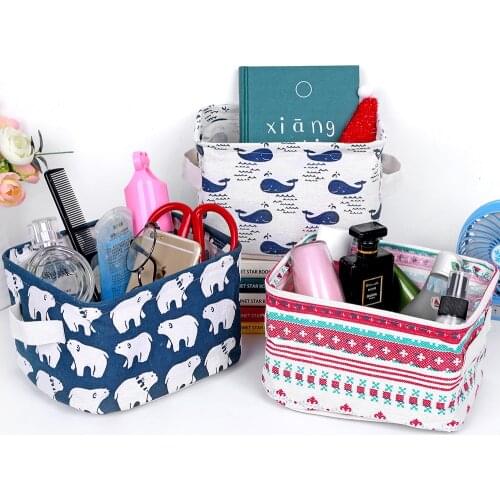 Linen Storage Basket DIY Office Desktop Organize Folding Toy Storage Box Pastoral Floral Animal Jewelry Makeup Organizer
