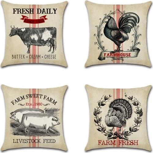 Retro Farm theme Linen Cushion Cover Cute Cow Cock Turkey Animal Printed Throw Pillow Case Home Chair Sofa Car Decoration cojin