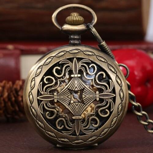 Antique Hollow Chinese knot Mechanical Pocket Watch Hand-Winding Men Pendant Collection Fob Chain Watch Skeleton Steampunk Clock
