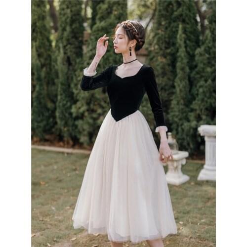 Sweet Princess Midi Dress Women Vintage Black Velvet Patchwork Lace Mesh Elegant Dresses For Lady Date Birthday Party Night