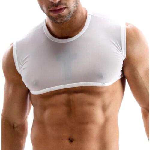 Mens Black White Exotic Tank Top Men Sexy See Through Body Chest Male Gay Cotton Tee Nightclub Strap Sexual Costumes Accessories