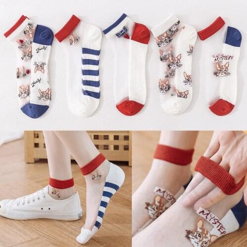 FINETOO 5 Pairs Women Socks Summer Colorful Ankle Socks Splice Thin Socks Solid Cute Animal Socks Korean Style Transparent Sock
