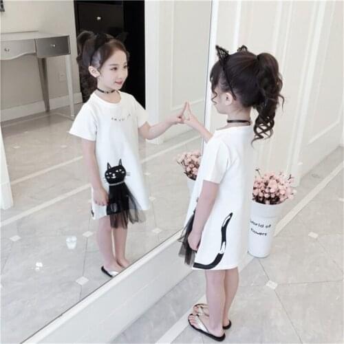 New baby girls cartoon Comfortable mesh gown T-shirt fashion mid-length short-sleeved cat Leisure skirt