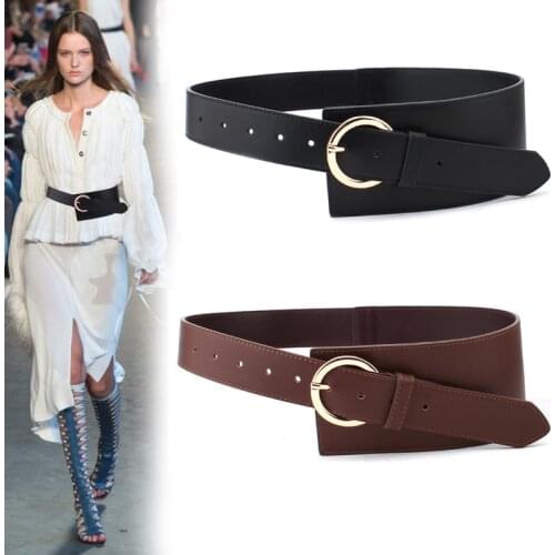 New GenuineLeather Waist Seal For Women Super Wide Soft Real Leather Gold Pin Buckle Belts Coat Black Cowskin Waistbands Party