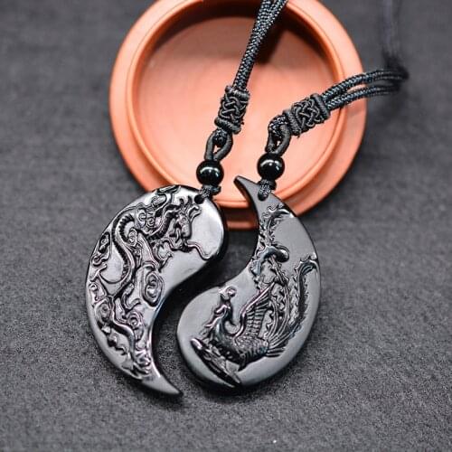 A Pair Natural Obsidian Taichi Dragon and Phoenix Necklace Pendant YIN YANG Jewelry Obsidian Woman Lucky Sweater Chain