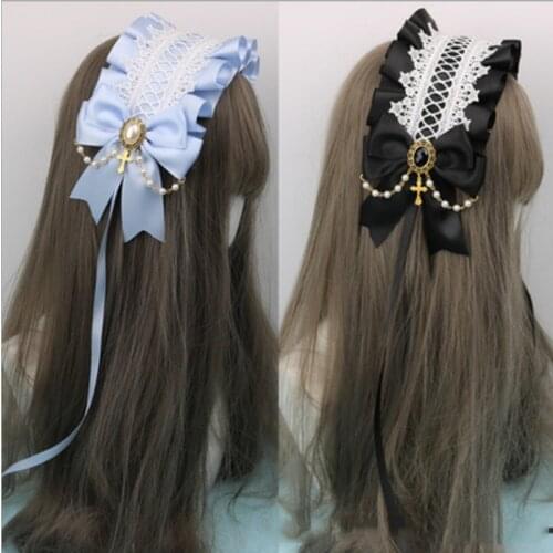 Lolita Headband Fairy Princess Headdress Gothic Dark Pearl Headband Cross Angel sweet lolita headwear bowknot hair band cosplay