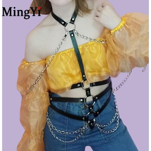 Silver Metal Chain Leather Harness Women Gothic Sexy Fetish Lingerie Bdsm Leather Neck To Waist Bondage Collar Body Belt Costume