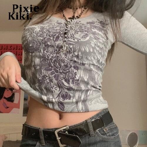 PixieKiki Fairy Grunge Vintage Tshirts Feather Wings Flower Printed Rhinestone Rib Knit Round Neck Long Sleeve Crop Top P84-BH15