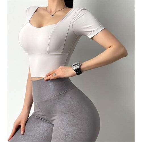 Inner Padded Short Sleeve Yoga Shirt Women Fitness T Shirt Workout Tops Female Quick Dry Sportswear