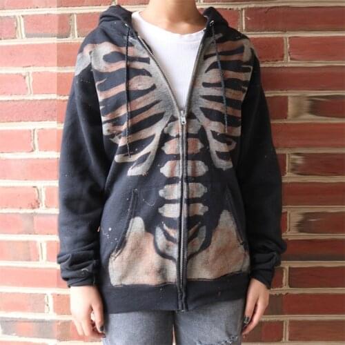 Grunge Gothic Skeleton Print Zip-Up Hoodies 90s Vintage Long Sleeve Oversized Sweatshirt Y2K Women Autumn Coat Female Jackets