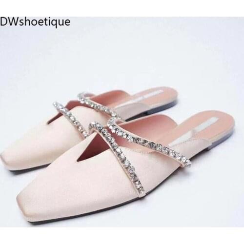 Crystal square toe women mules flat casual women slippers