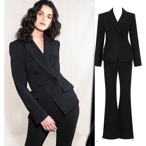 Elegant Slim Fit Women Blazer Suits Flare Pants Deep V Neck Long Sleeve Double Breasted Streetwear Casal Fashion Jacket