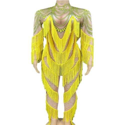 Women Tassels Jumpsuit Romper Long Sleeve Tassel Latin Dance Costume Clubwear Party Outfit Stage Performance Clothes for Female