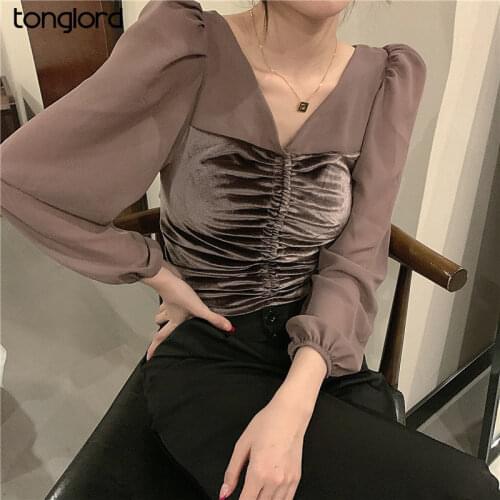 Spring French Retro V-neck Top For Women Full Sleeve Chiffon Patchwork Pleuche T-Shirts 2021 New Female Pleated Streetwear Shirt