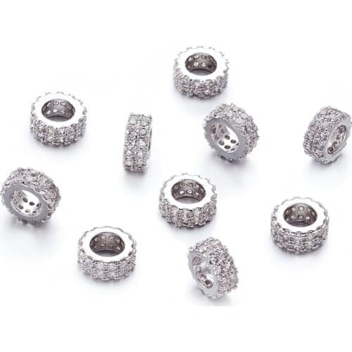 Pandahall 10 pcs Brass Micro Pave Cubic Zirconia Beads Flat Round Spacer, 7.5x3mm, Hole: 4mm