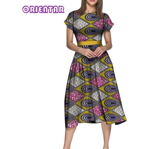 2019 Simple African Dresses for Women Short Sleeve High Waist African Print Dress Bazin Riche Elegant Lady Midi Dresses WY5200